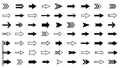 A grid of various black and white arrow icons, presented in multiple styles and orientations, suggesting direction and movement.