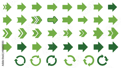 A collection of green arrows and circular arrows is displayed against a white background, showcasing various sizes and styles.
