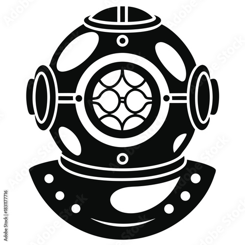 Oldfashioned diving helmet in black and white shows a vintage design of exploration