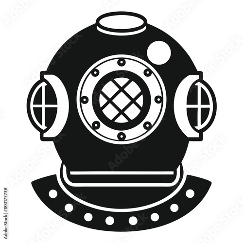 An old diving helmet silhouette showcases vintage design with round windows and sturdy construction