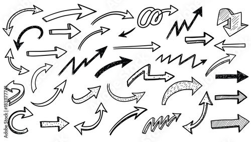 A collection of hand-drawn arrows of various shapes, sizes, and styles, pointing in different directions on a white background.