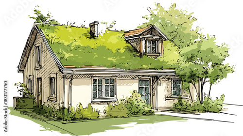 Green House with Green Roof Vector Drawing for Architecture Designs