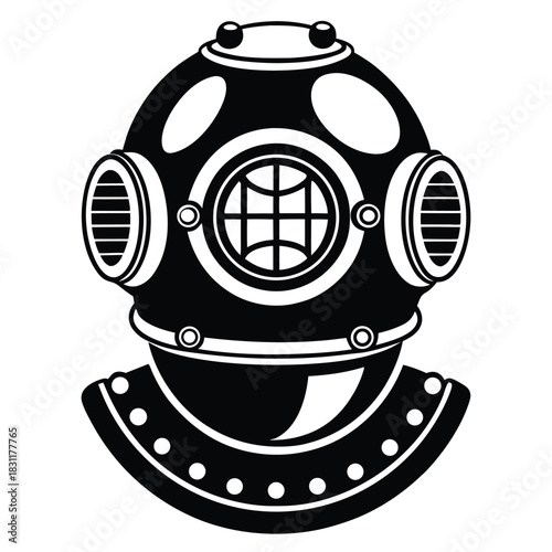 Intricate black diving helmet design exhibits classic deep sea gear style artistically