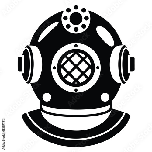 Classic diving helmet displays bold black and white silhouette with circular front grid