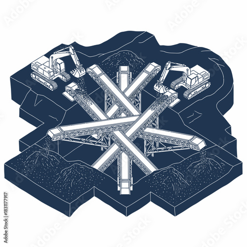 Illustration of a mining operation with excavators and conveyor belts.