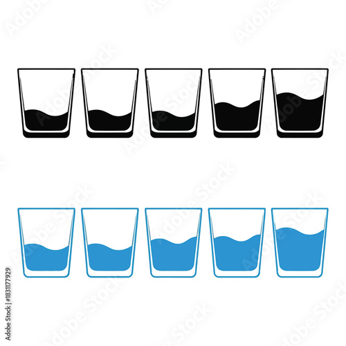 Five glasses with black liquid and five glasses with blue liquid