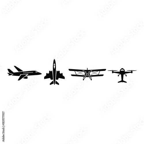 Collection of diverse aircraft silhouettes including a jetliner fighter jet biplane and drone