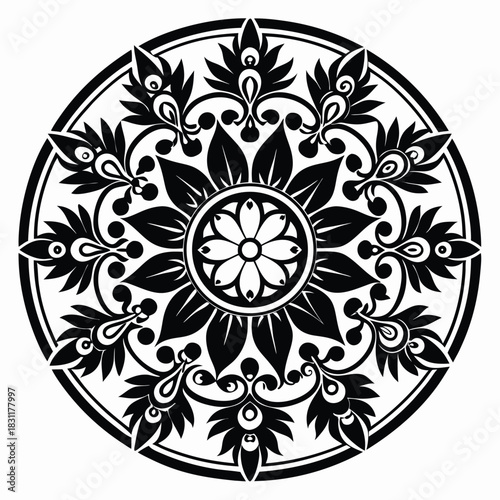 Ornate black flowerlike pattern radiates on white background in a circular tribal arrangement