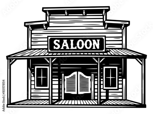 Classic Old West Saloon Building with Swinging Doors – Detailed Monochrome Line Art Vector Western Architecture Illustration
