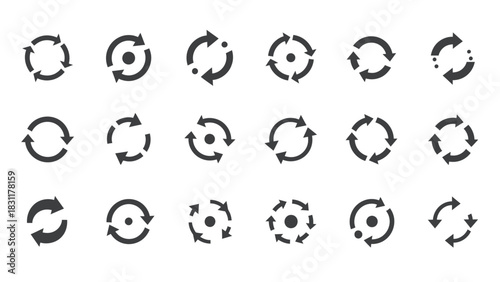 A collection of circular arrow icons representing concepts of refresh, reload, recycling, and repetition, displayed on a white background.