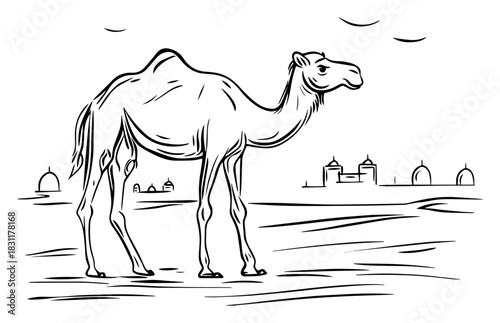Single Desert Camel Standing near Distant Mosque Silhouette – Monochrome Line Art Vector Illustration for Middle‑East Travel Themes