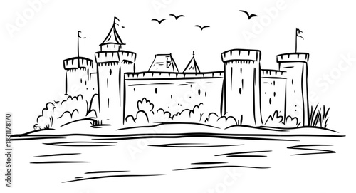 Medieval Castle Fortress with Towers and Flags – Monochrome Line Art Vector Historic Architecture Illustration