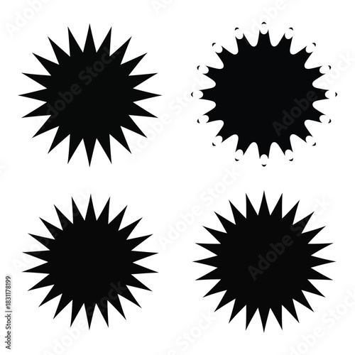 Four black starburst shapes on a white background