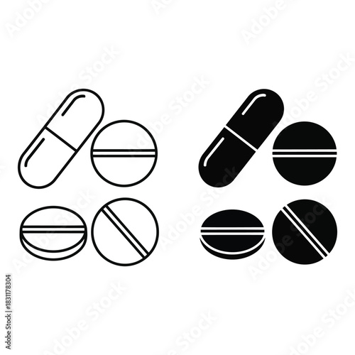 Set of pill and capsule icons in outline and solid styles