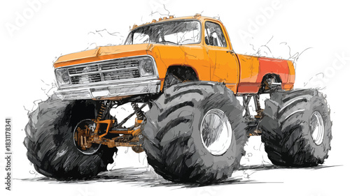 Detailed Monster Truck Drawing with Large Orange Front | Vector Illustration