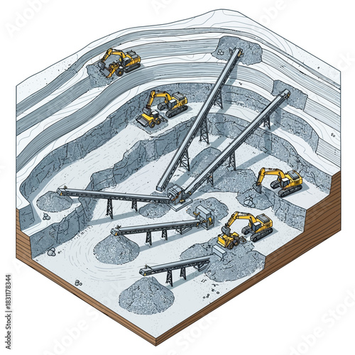 Isometric illustration of an open-pit quarry with excavators and a conveyor belt system for transporting rock and gravel.