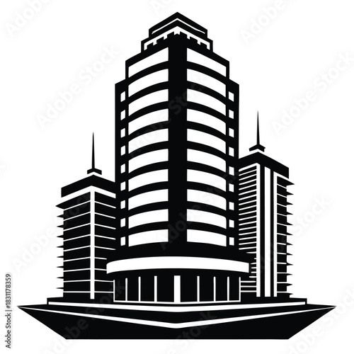 Bold monochrome cityscape presents three imposing skyscrapers in a minimalist, strong graphical statement