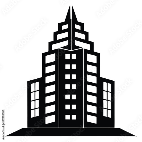 A black building icon displays multiple floors and windows against a white backdrop clearly