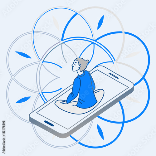 Digital Mindfulness & Meditation App Vector: Online Mental Health, Serenity & Wellness Concept. Isometric Flat Illustration for E-learning.