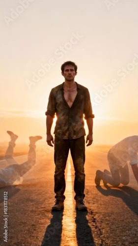 Evolution and Transformation: Man Standing Confidently on Road After Overcoming Past Struggles (Double Exposure).