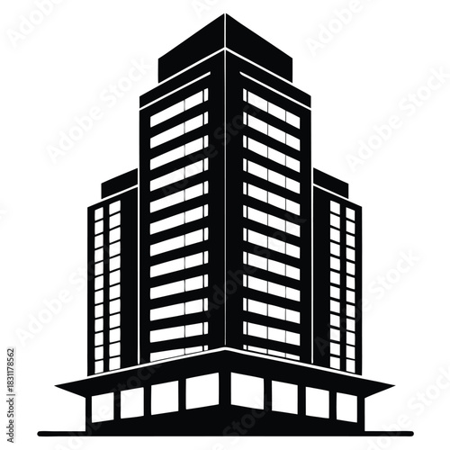 Tall black multistory building with many windows stands prominently against a white background