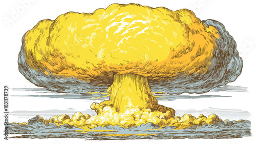 Impressive Drawing of a Nuclear Explosion with Yellow Cloud - Stock Image