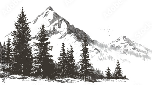 Scenic Mountain Landscape with Trees and Clouds Vector Illustration