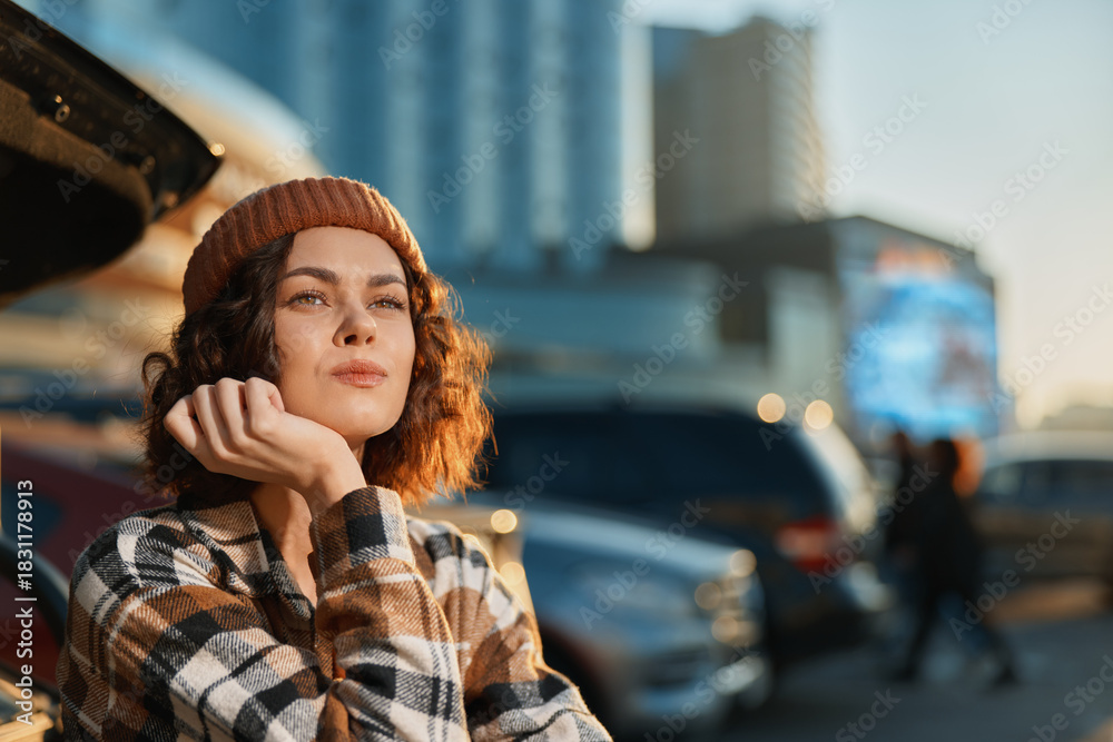 Fototapeta premium Woman portrait candid in urban street by open car trunk, beanie and plaid jacket, thoughtful gaze at golden hour glow, authenticity and mindful living, emotional storytelling lifestyle scene.