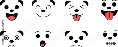 A collection of eight cute panda emoji faces showing a variety of expressions like happy love and sad