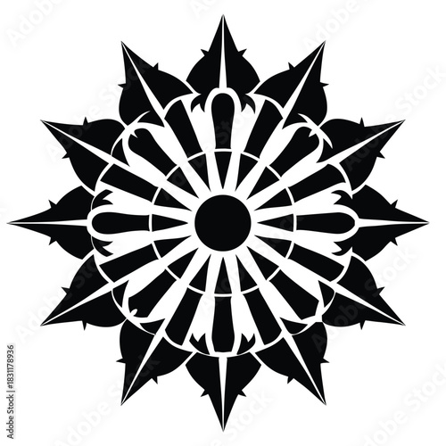 Symmetrical black and white abstract floral mandala radiates from center with pointed edges, creating an intriguing artistic pattern