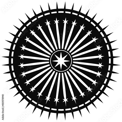 Black radiating star design with a spiky circle, simple black and white graphic