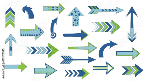 A collection of graphic arrow elements in various styles and colors, including solid, patterned, and curved designs, against a plain white background, representing direction and movement.