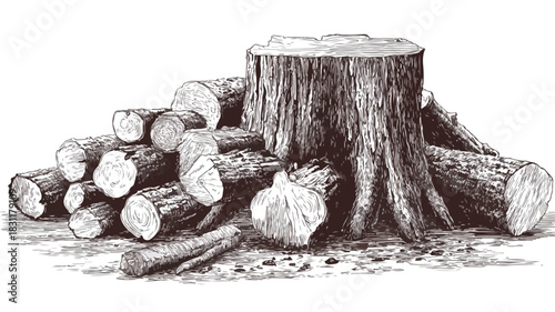 Detailed Drawing of Logs Pile with Tree Stump Sketch