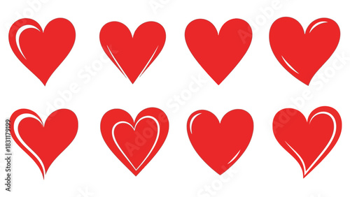 A collection of eight stylized red heart icons with varying outlines and highlights, presented against a clean white background.