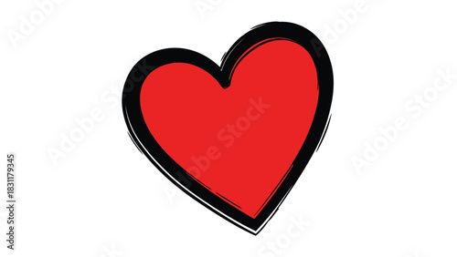 A simple, bold red heart shape with a thick black outline is displayed against a stark white background, symbolizing love, affection, or a medical concept.