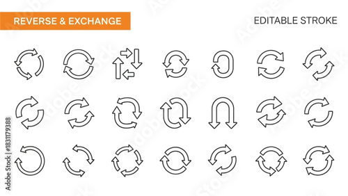 A collection of graphic icons representing reverse and exchange operations, featuring various circular and arrow-based designs suitable for digital interfaces and conceptual representations.