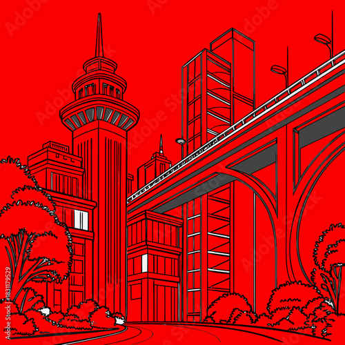Bold Red Urban Cityscape Vector: Monochrome Line Art Illustration of Modern Skyline, Buildings, Bridge & Park. Metropolis Background.