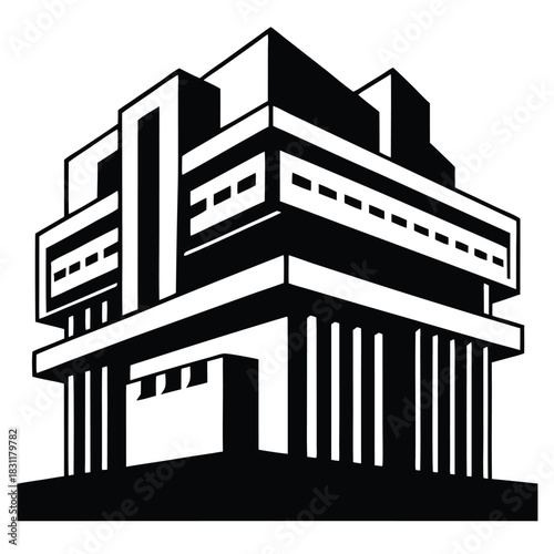 Abstract architectural structure reveals bold lines and geometric forms against a stark background