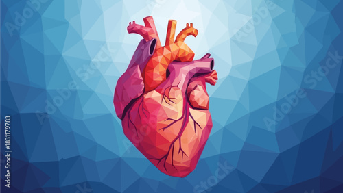 A stylized, low-polygon illustration of a human heart with detailed anatomical features stands out against a vibrant blue, geometric background.