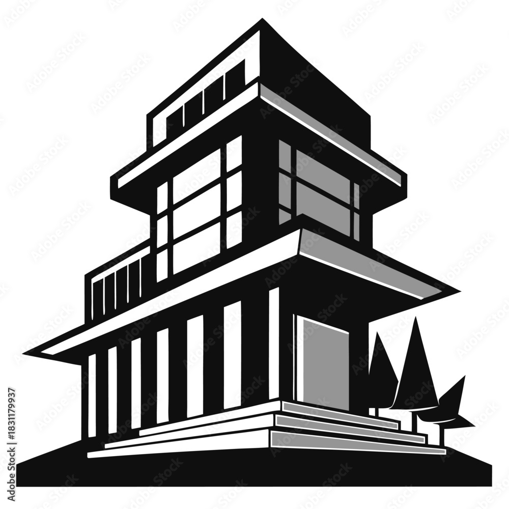 Fototapeta premium Striking monochrome stylized house has flat geometric shapes and a simplistic elegant design