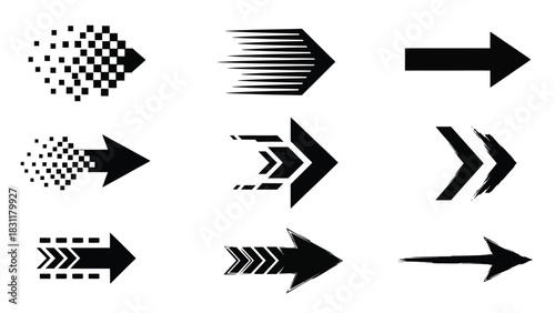 A collection of nine distinct black arrow icons, each featuring a unique design element such as pixelation, motion lines, speed streaks, or geometric patterns, arranged in a three-by-three grid