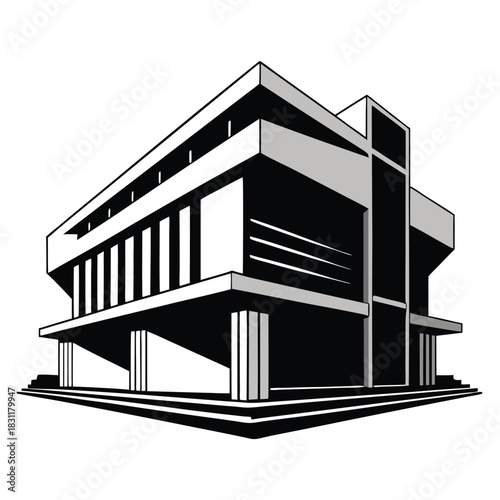 Striking monochrome building stands with bold lines and shadows showing architectural details gracefully against the white backdrop