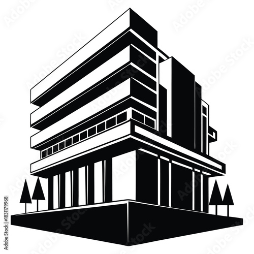 Minimalist rendition of modern architectural structure displays stark black and white contrasts and geometric simplicity