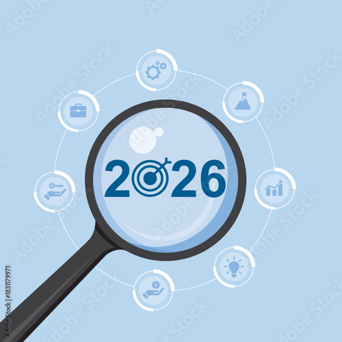 Vector illustration of 2026 inside magnifying glass on light blue background. Focus current year, achievement, target concept, focusing on future goals and strategic vision