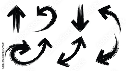 A collection of various black arrow icons with a brushstroke effect are displayed on a white background.