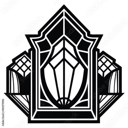 Black ornate abstract geometric shape embodies the 1920s era with distinct lines
