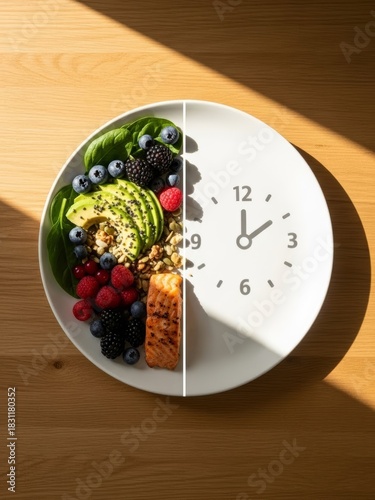Split plate showing healthy meal versus empty side with 16:8 clock icon on wooden table. Intermittent fasting concept for diet apps, nutrition blogs, weight loss plans, health magazines.