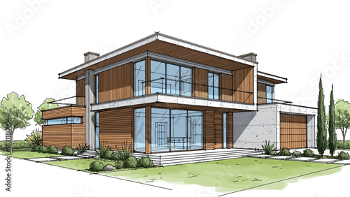 Modern residential architecture with windows and garden