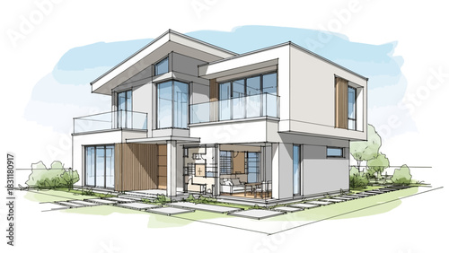 A new luxury house with a green roof and large windows sits on a grassy hill under a blue sky, showcasing modern residential architecture