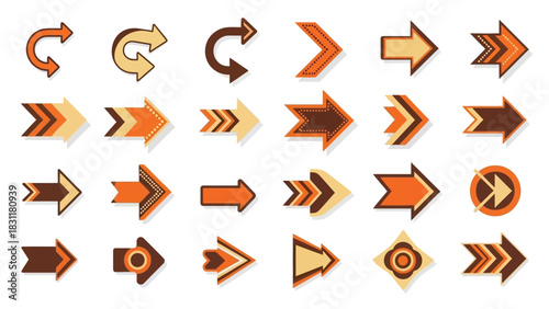 A collection of diverse, stylized arrows in various shapes and colors are arranged in a grid on a white background, indicating direction and movement.